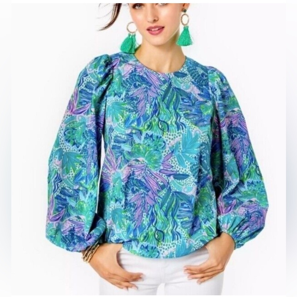 Lilly Pulitzer Lynnley Long Sleeve Top Botanical Green | Resort Chic Blouse